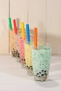 Boba / Bubble tea. Homemade Various Milk Tea with Pearls on wood Royalty Free Stock Photo