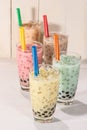 Boba / Bubble tea. Homemade Various Milk Tea with Pearls on wood Royalty Free Stock Photo