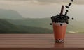 Boba milk Tea or Bubble Milk Tea isolated on wooden table and mountain view. Food and drink for summer. 3D rendering