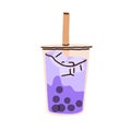 Boba milk tea, bubble pearl drink in glass with straw. Thai taro bubbletea, Taiwanese iced beverage. Tapioca cocktail Royalty Free Stock Photo