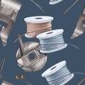 Bobbin case and spools of sewing thread. Seamless pattern of sewing machine parts, pins and needles. Watercolor Royalty Free Stock Photo
