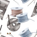Bobbin case and spools of sewing thread. Seamless pattern of sewing machine parts, pins and needles. Watercolor Royalty Free Stock Photo