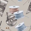 Bobbin case and spools of sewing thread. Seamless pattern of sewing machine parts, pins and needles. Watercolor Royalty Free Stock Photo