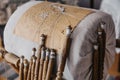 Bobbin lace equipment for handmade craft Royalty Free Stock Photo