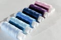 The bobbins with the light blue, dark blue and violet threads. A set of sewing thread reels on a white background. Royalty Free Stock Photo