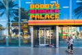 Bobby`s Burger Palace, a new burger restaurant on Las vegas Stip. Architecture, walking people, homeless