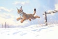a bobcat leaping over a drift on a snowbound trail Royalty Free Stock Photo