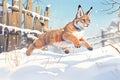 a bobcat leaping over a drift on a snowbound trail Royalty Free Stock Photo