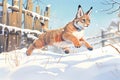 a bobcat leaping over a drift on a snowbound trail Royalty Free Stock Photo