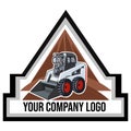 Logo with BobCat loader on building plot during landscaping, construction and digging works inside triangle form - vector image