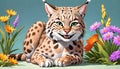 Bobcat Lynx feline cat rufus resting flowers art design