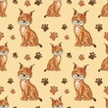 Bobcat,paw on soft beige background.Cute cartoon lynx character.Vector seamless pattern.Illustration with red wild