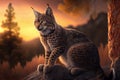bobcat sitting on rock in forest, with view of the sunset Royalty Free Stock Photo