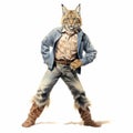 Vintage Watercolored Bobcat Illustration Of Single Full Body Figur