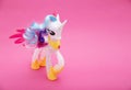 BOBRUISK, BELARUS 20.11.21: Action figure from the cartoon princess celestia on a pink background. My little poni. Copy space for Royalty Free Stock Photo