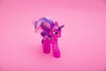 BOBRUISK, BELARUS 20.11.21: Action figure from the cartoon princess twilight Sparkle on a pink background. My little poni Royalty Free Stock Photo