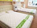 Bobruisk Belarus 19.09.2019: Double comfortable bed for rest and sleep on sale in the store