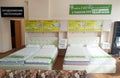 Bobruisk Belarus 19.09.2019: Double comfortable bed for rest and sleep on sale in the store