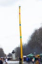 BOBRUISK, BELARUS 10.03.2019: A festive pole on which presents are presented at Shrovetide, a tradition, celebration