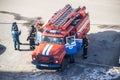 BOBRUISK, BELARUS 27.02.19: Firefighters climb out of a fire truck on an emergency call