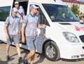 Bobruisk Belarus 06 03 2019: Male athletes carry the Olympic flame European Games 2019