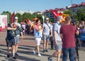 Bobruisk Belarus 06 03 2019: A man carries a torch with the Olympic flame at the European Games in 2019