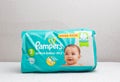 Bobruisk, Belarus - March18, 2023: Pack of diapers with pampers brand on a white background. Copy space for text