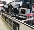 Bobruisk Belarus 19.09.2019: Sale in a household appliance store of gas stoves and cooker hoods, housework