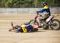 BOBRUISK, BELARUS - September 8, 2018: Motoball, young guys play motorcycles in motoball, competitions, fall, injury