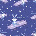 Bobsled background. Cute bunny sportsmen. Rabbit bobsleigh sled race athlete winter sport. Royalty Free Stock Photo