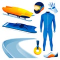 Bobsleigh equipment, sport tools set vector illustraton