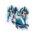 Bobsleigh for four athletes from splash of watercolors. Sports equipment for the bobsleigh race. Winter sport Royalty Free Stock Photo