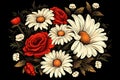 a bobuquet of daisies and roses on a black background generated by AI, generative assistant,
