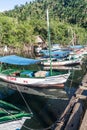 BOCA DE MIEL, CUBA - FEB 4, 2016: Fishing boats anchored at Rio Miel river mouth near Baracoa, Cu Royalty Free Stock Photo