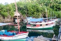 BOCA DE MIEL, CUBA - FEB 4, 2016: Fishing boats anchored at Rio Miel river mouth near Baracoa, Cu Royalty Free Stock Photo