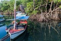 BOCA DE MIEL, CUBA - FEB 4, 2016: Fishing boats anchored at Rio Miel river mouth near Baracoa, Cu Royalty Free Stock Photo