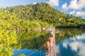 BOCA DE MIEL, CUBA - FEB 4, 2016: Hanging bridge over Rio Miel river near Baracoa, Cub Royalty Free Stock Photo