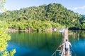 BOCA DE MIEL, CUBA - FEB 4, 2016: Hanging bridge over Rio Miel river near Baracoa, Cub Royalty Free Stock Photo