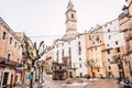 Bocairent, Spain - January 22, 2020: Town hall square of the rural town of Bocairente, in Valencia, after a snowfall in winter