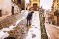 Bocairent, Spain - January 22, 2020: Town hall square of the rural town of Bocairente, in Valencia, after a snowfall in winter