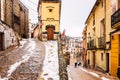 Bocairent, Spain - January 22, 2020: Town hall square of the rural town of Bocairente, in Valencia, after a snowfall in winter