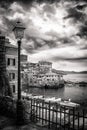 Boccadasse, small village by the mediterranean sea in Genoa, photo in black and white.