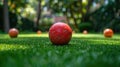 A bocce ball making the critical hit, with the other balls and the pallino in a strategic blur in the background Royalty Free Stock Photo