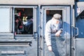 Bochum , Germany - April 18 2015 : Worker observing the activities at the railway main station