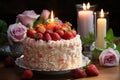 Bocket cake, flowers and fresh strawberries on charming scene., generative IA