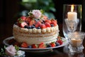 Bocket cake, flowers and fresh strawberries on charming scene., generative IA