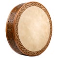 Bodhran drum with Celtic knot border and carved circular patterns musical instrument percussion Royalty Free Stock Photo