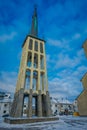 Bodo, Norway - April 09, 2018: Outdoor view of Freestanding tower of Bodo cathedral