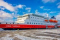 Bodo, Norway - April 09, 2018: Outdoor view of Hurtigruten coastal vessel KONG HARALD, is a daily passenger and freight