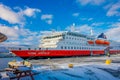 Bodo, Norway - April 09, 2018: Outdoor view of Hurtigruten coastal vessel KONG HARALD, is a daily passenger and freight